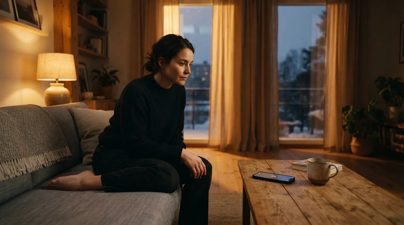 Henkilö istuu sohvalla olohuoneessa iltavalossa, puhelin lepää pöydällä kaukana kädestä.